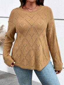 EMERY ROSE 大码纹理毛衣套头衫秋季女装、西方女装、冬季服装 - 咖啡棕 - 查看 3