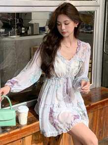 DAZY Váy ngắn thường ngày cổ chữ V tay đèn lồng họa tiết hoa viền bèo nhún dành cho nữ mùa xuân/hè - Màu tím - Xem 5