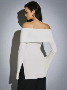 Poéselle Asymmetric Hem Fitted Sweater, Off-Shoulder Flare Long Sleeve, Autumn/Winter - White - View 6