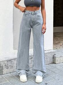 Cottnline 100%Cotton Women's Front Button Multiple Pockets Wide Leg Jeans, Casual Everyday Wear - Grey - View 1
