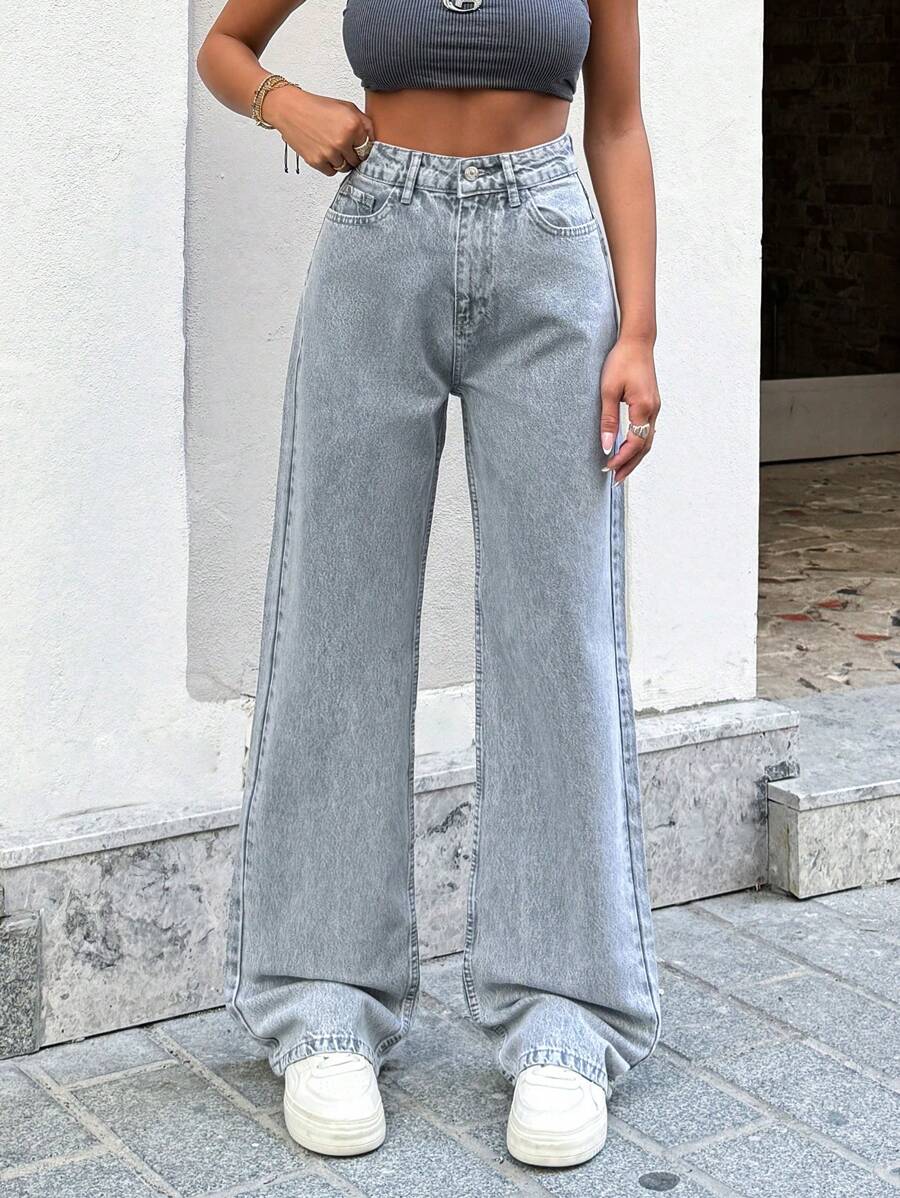 Cottnline 100%Cotton Women's Front Button Multiple Pockets Wide Leg Jeans, Casual Everyday Wear - Grey - View 1