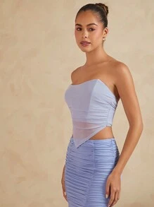 Hauture Vêtements d'automne pour femmes, Top tube simple de style quotidien en couleur unie bleue avec baleines, corset, Top transparent asymétrique, Top de pays, Top court, tenue de sortie - Violet - Voir 3