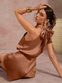 L'Amorae 不对称立领垂褶缎面连身裤 - 棕色 - 查看 2