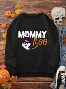 4pcs Family Matching Halloween Outfits, Women Black Ghost Pattern Fleece Sweatshirt, Casual Mommy And Me Sets (Sold Separately) Pullover Fall Outfit - Black - View 3