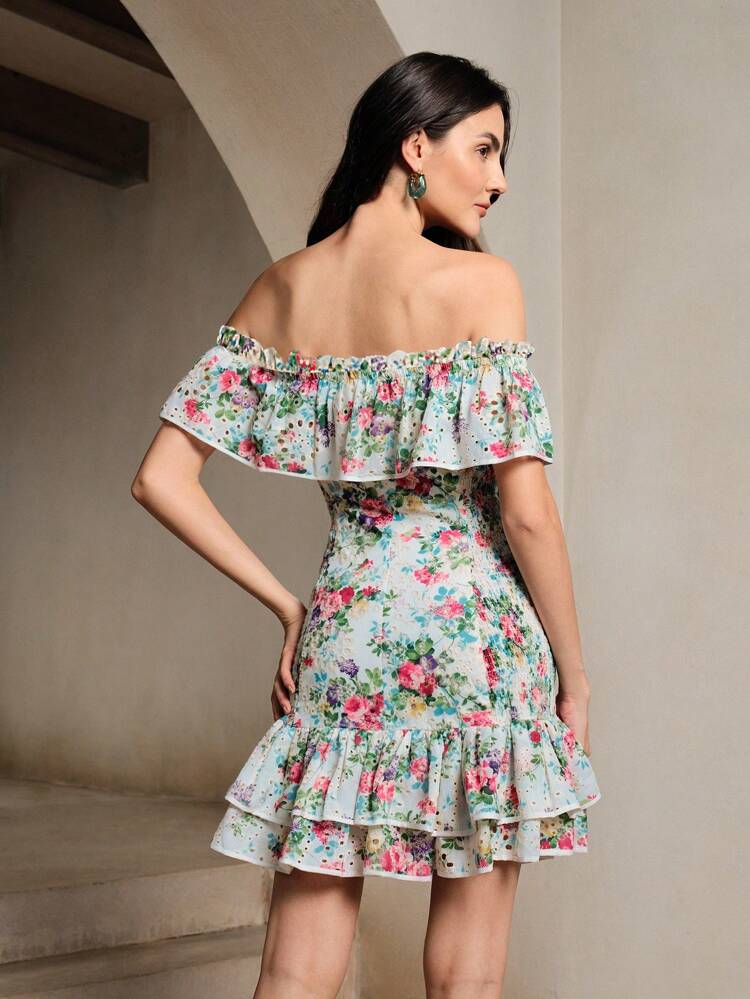 Ruffle Printed Dress With Ruffle Hem