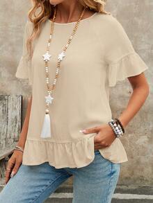 EMERY ROSE Camisa casual holgada para mujer de verano con cuello redondo, dobladillo con volantes y unicolor - Albaricoque - Ver 4