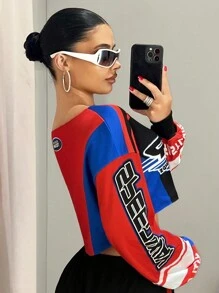 SHEIN ICON Y2k 露肩长袖女校服返校节连衣裙女式宽松短款毛边学院风机车运动衫、毕业长袖上衣、返校服装、毕业典礼、女士教师服装、秋冬返校 - 彩色 - 查看 4