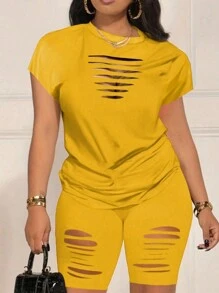 SHEIN Nữ Khoét Hở Màu Trơn Cổ Tròn Tay Ngắn Và Quần Short Áo Gợi Cảm 2 Bộ Cho Mùa Hè - Màu vàng - Xem 3
