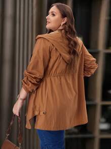 EMERY ROSE Plus Size Women's Hooded Long Sleeve Ruched Fashion Button Zip Reversible Brown Trench Coat With Pockets - Burnt Orange - View 4