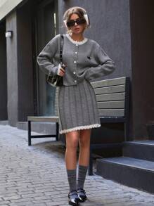 EURMUSE 蝴蝶结细节百褶裙和开衫