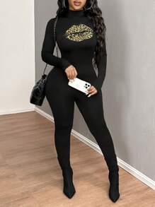 SHEIN SXY Women Lip Print Stand Collar Long Sleeve Jumpsuit