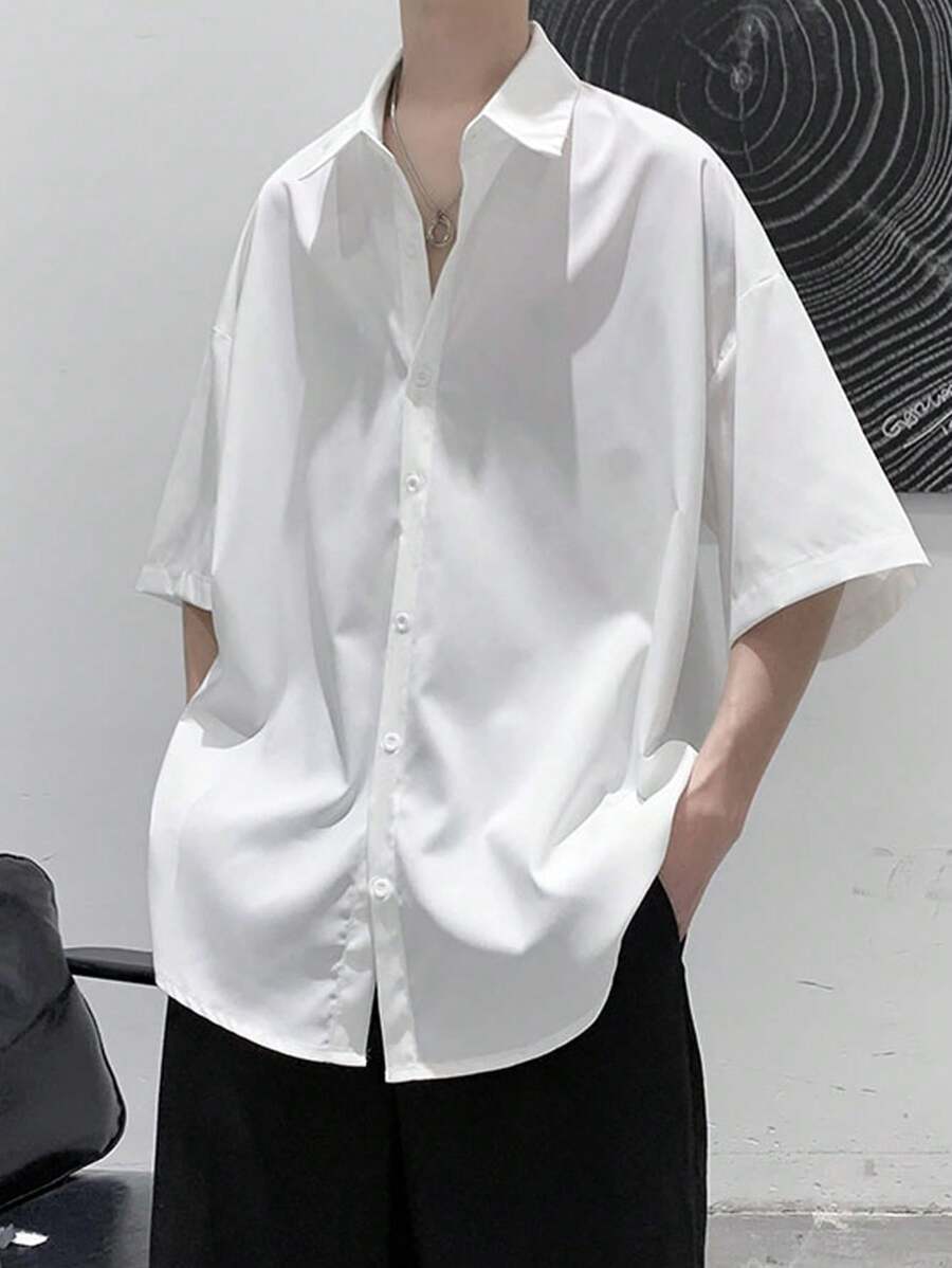 Claim Dot Loose Fit Men's Split Hem Drop Shoulder Shirt, For Fall