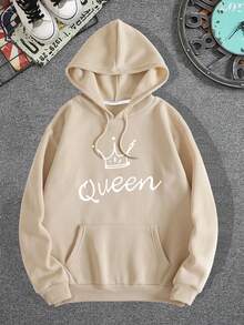 Letter Graphic Kangaroo Pocket Drawstring Thermal Lined Hoodie - Apricot - View 6