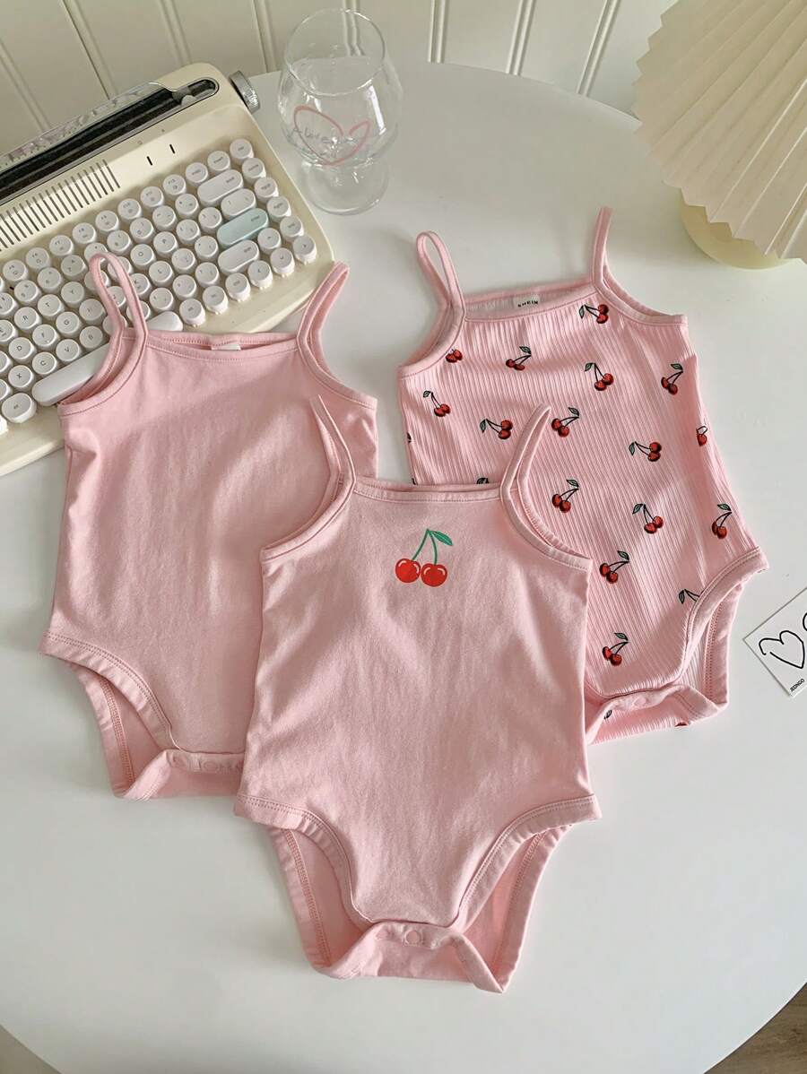 SHEIN LMoss Kids Baby Girl's 3pcs Casual Knitted Cartoon Print Sleeveless Bodysuit With Buttons, Summer - Pink - View 1