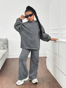 SHEIN Ensemble sweat-shirt à capuche oversize avec imprimé flocon de neige et pantalon de survêtement à jambes larges, convient pour la maison, l'extérieur et l'école