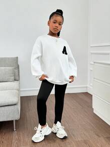 SHEIN Conjunto informal de 2 piezas de niña preadolescente con sudadera de cuello redondo holgada con parche de letras y manguitas caídas, talla grande mallas, conjunto de vuelta al colegio