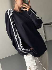 DAZY Long Sleeve T-Shirt With Crew Neck, Lace Panel, White Trim And Bow Accent,Fall Women Clothes