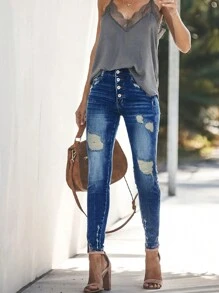 Women's Stretch Distressed Button Fly Skinny Casual Jeans - Dark Wash - View 4