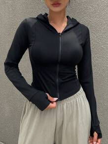 DAZY 女士修身连帽开衫字母印花夹克 - 黑色 - 查看 1