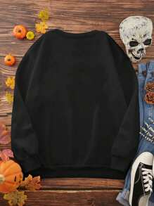 4pcs Family Matching Halloween Outfits, Women Black Ghost Pattern Fleece Sweatshirt, Casual Mommy And Me Sets (Sold Separately) Pullover Fall Outfit - Black - View 2