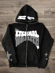 Manfinity Roghcode Men Star & Letter Printed Thermal Lined Zip-Up Hoodie, Long Sleeve, Zipper Hoodie,Street Wear, For Fall Winter