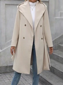 SHEIN Clasi 女士常规休闲办公室时尚商务腰带连帽长袖常规羊毛外套保暖 - 杏色 - 查看 3