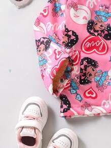 Baby Girl Warm Fluffy Lined Street Style Cartoon Print Pink Hooded Jacket, 2y - Multicolor - View 5