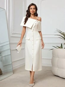 Modelyn Women's Asymmetric Neckline Cold Shoulder Chain Strap Stylish & Elegant Dress,White Dress