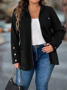 Plus Size Women's Spring & Autumn Solid Color Zip Front Long Sleeve Casual Jacket Fall Winter Cloth For Women - Black - View 1