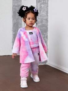 SHEIN Leap Crew NovaGlow 女婴 3 件套秋冬保暖毛绒扎染连帽夹克、背心和裤子套装，粉色和紫色，适合休闲户外穿着 - 彩色 - 查看 1
