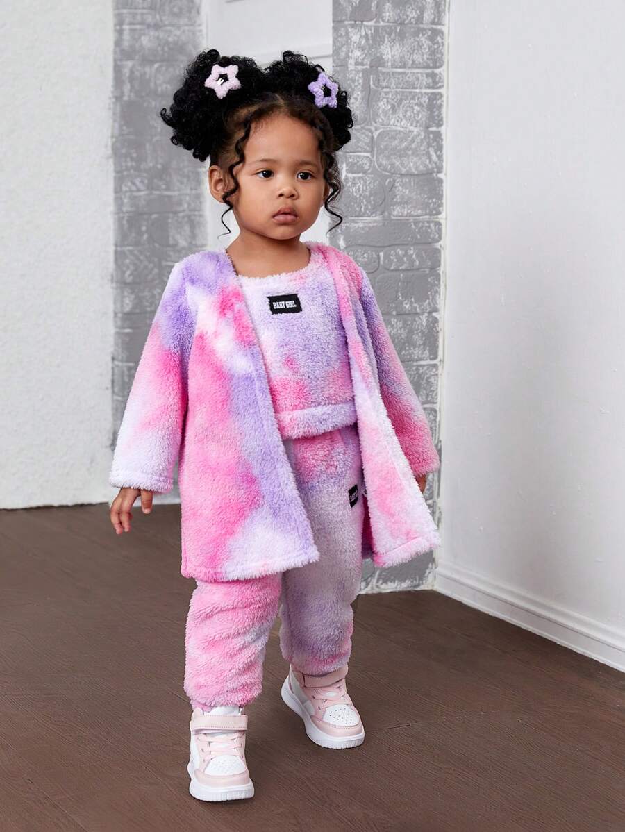 SHEIN Leap Crew NovaGlow 女婴 3 件套秋冬保暖毛绒扎染连帽夹克、背心和裤子套装，粉色和紫色，适合休闲户外穿着 - 彩色 - 查看 1
