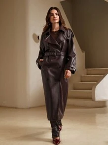 Anewsta معطف طويل أنيق ذو لون أحمر ثابت مزدوج الصدر من الأنجورا للنساء، مناسب للخريف والربيع