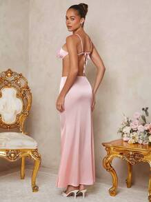 SHEIN Unity 3D花朵胸围细节镂空细肩带长连衣裙 - 粉色 - 查看 2