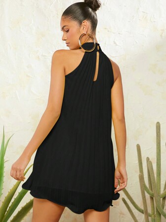 L'Amorae Neck Tie Pleated Dress