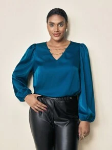 BizChic Plus Size Women Elegant Solid Woven Patchwork Chain Print Lantern Sleeve Blouse, Spring And Summer - Blue - View 4
