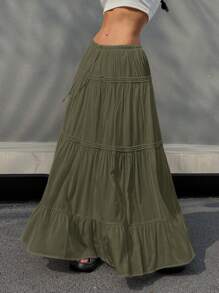 SHEIN EZwear Women's Solid Color Tie-Waist Ruffle Hem Long Casual Skirt - Olive Green - View 3