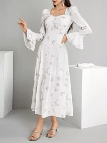 Modelyn Vestido elegante de manga de campana con escote de corazón, decoración de perlas falsas y estampado de mariposas, vestidos de noche largos de primavera y verano