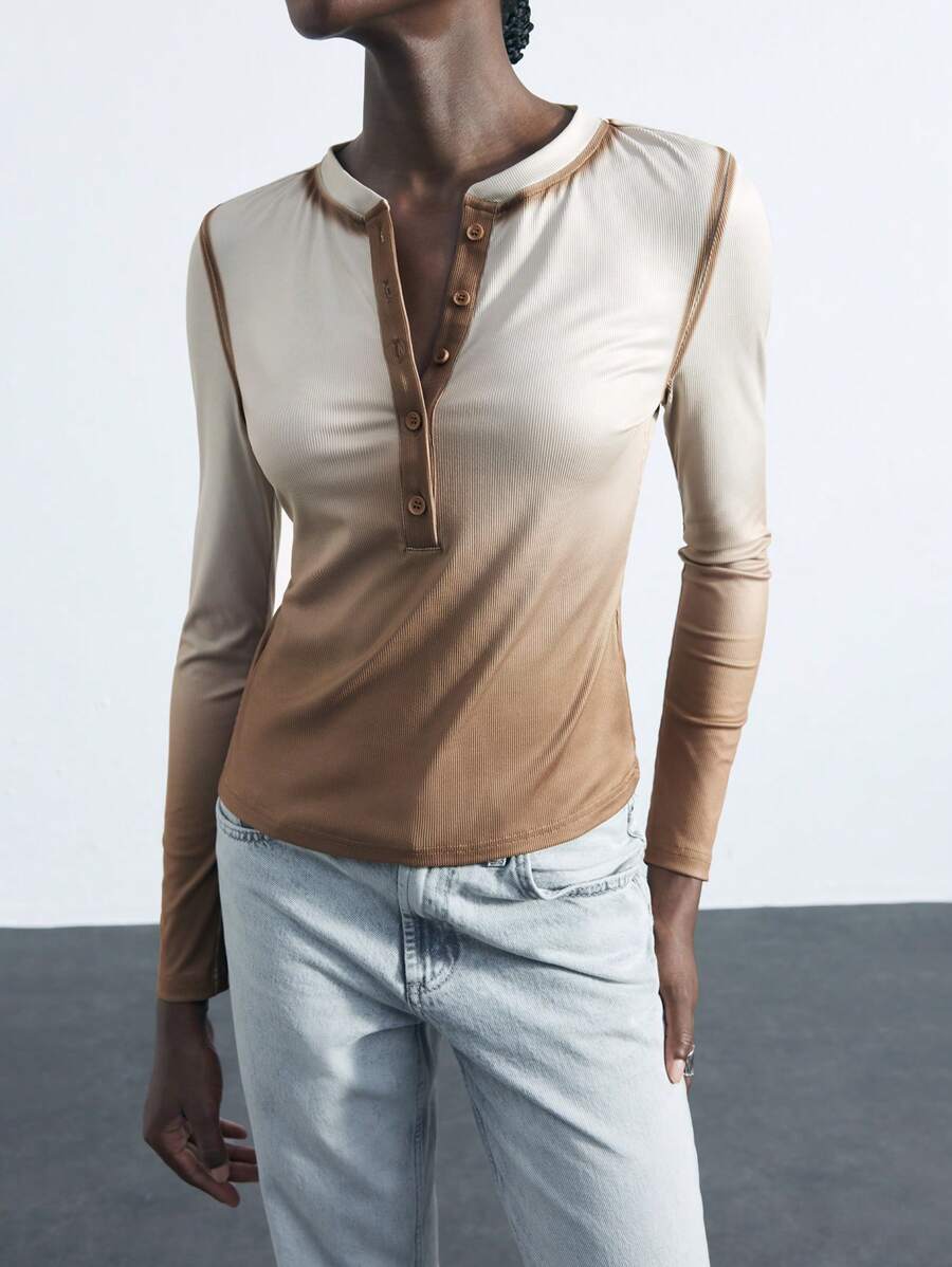 Maija Women's Ombre Button-Up Long Sleeve Casual T-Shirt For Spring And Summer - Brown - View 1
