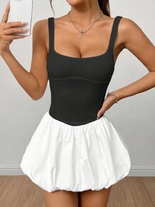 SHEIN PETITE Sleeveless Tight-Fitting Lantern Hem Dress - Black and White - View 3