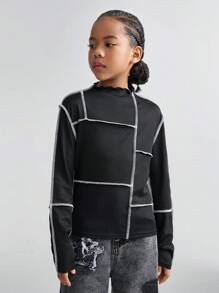 SHEIN Tween 女童秋冬日常穿着撞色滚边修身圆领黑色带袖上衣 - 黑色 - 查看 3