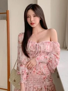 DAZY Women Sweetheart Collar Tie Front Long Sleeve Ruffle Floral Allover Print Short Dress,Milkmaid Dress Sundress,Mini Dress