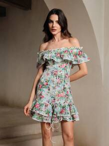 Anewsta Gaun Bermotif Ruffle dengan Hem Ruffle - MultiWarna - View 4