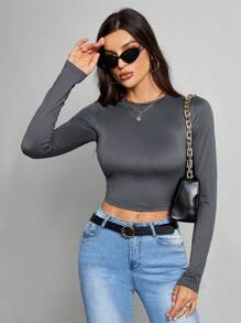 SHEIN Tall 3 件套休闲简约圆领长袖紧身短款女式 T 恤 - 黑與白 - 查看 7