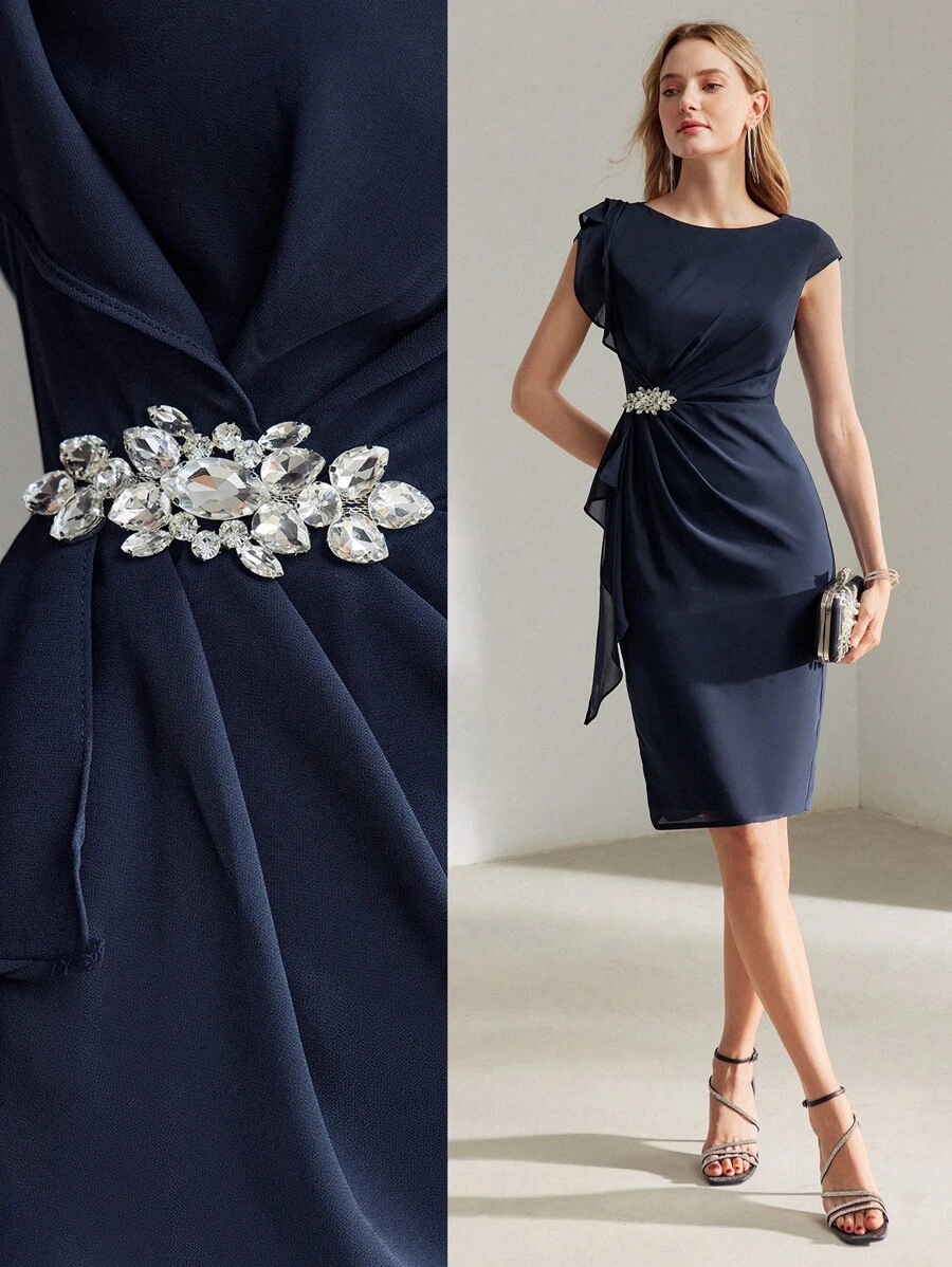 MOTF PREMIUM SOLID COLOR OPEN SHOULDER BODYCON DRESS IS DESIGNED WITH FASHIONABLE AND STYLE FOR TWEEN GIRLS. UNIQUE OPEN SHOULDER STRAP DESIGN HIGHLIGHTS THE ELEGANT CHARM OF TWEEN GIRLS. - Navy Blue - View 2