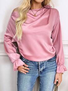 SHEIN LUNE Asymmetrical Design, Oblique-Shoulder, Rose Decoration Blouse - Pink - View 6