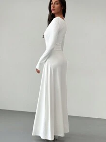 Aloruh 1 Máy Tính Lãng Mạn Ngày Đêm Ôm Body Cổ Chữ V Sâu Tay Dài Họa Tiết Hoa Xù Viền Váy Trắng Dành Cho Nữ - trắng - Xem 3