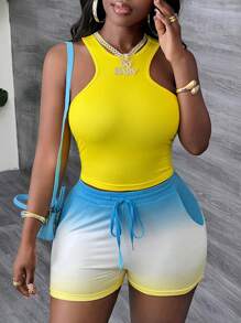 Slaydiva 2 cái/bộ Áo ba lỗ và quần short màu ombre thông thường dành cho nữ - Nhiều màu - Xem 3