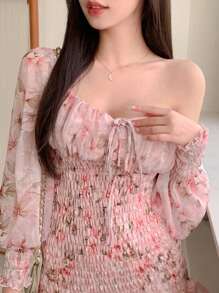 DAZY Women Sweetheart Collar Tie Front Long Sleeve Ruffle Floral Allover Print Short Dress,Milkmaid Dress Sundress,Mini Dress