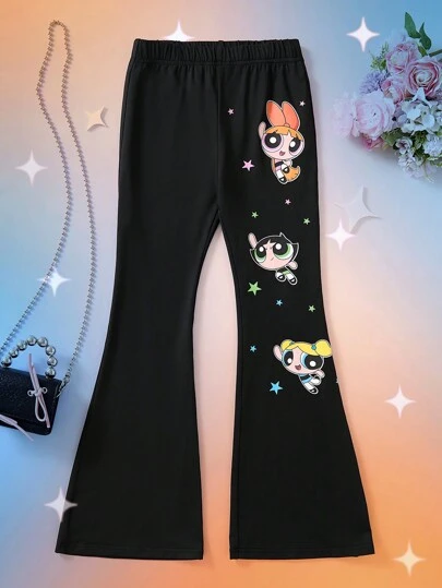 THE POWERPUFF GIRLS X SHEIN 少女卡通印花弹力舒适喇叭紧身裤