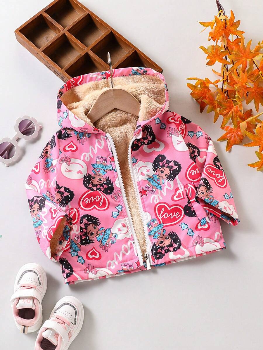 Baby Girl Warm Fluffy Lined Street Style Cartoon Print Pink Hooded Jacket, 2y - Multicolor - View 1